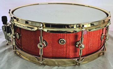 CUSTOM BRAZEN CRIMSON & BRASS HONEYLOCUST STAVE SNARE DRUM - SHIPS FREE TO CONT USA